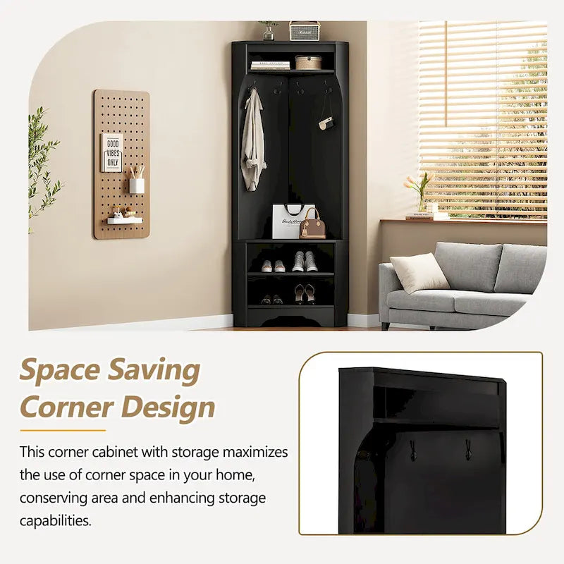 Porte-manteau d'angle avec banc à chaussures - Porte-manteau multifonctionnel pour entrée, doté de 4 crochets et d'une étagère réglable, 75 cm (L) x 182 cm (H)