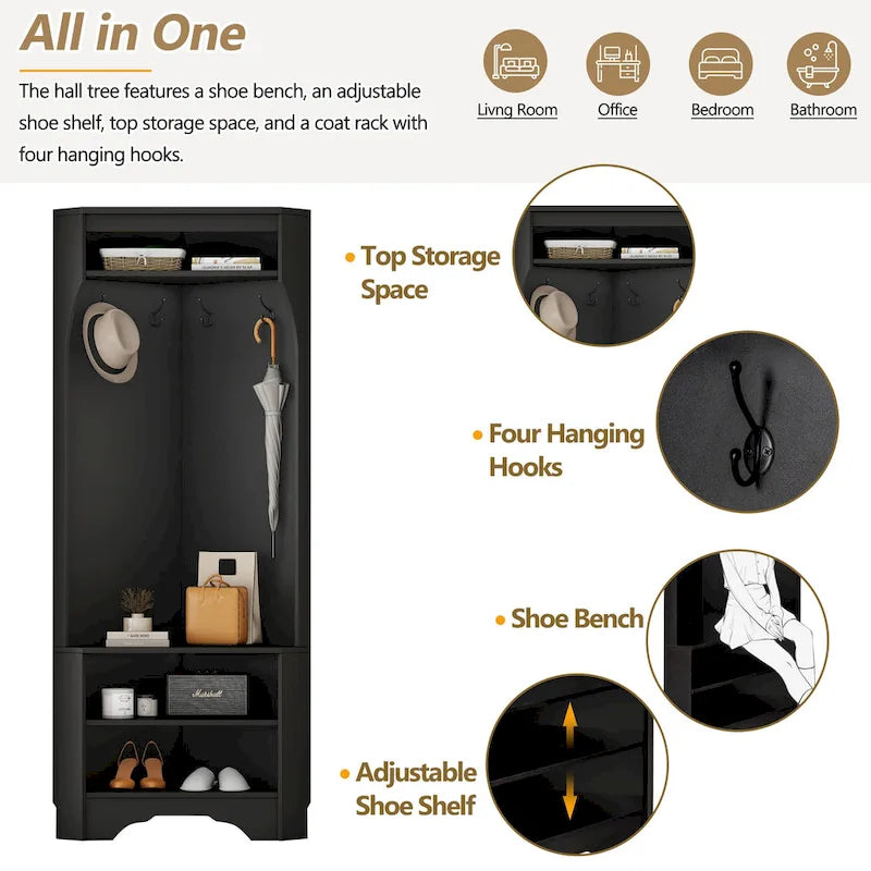 Porte-manteau d'angle avec banc à chaussures - Porte-manteau multifonctionnel pour entrée, doté de 4 crochets et d'une étagère réglable, 75 cm (L) x 182 cm (H)