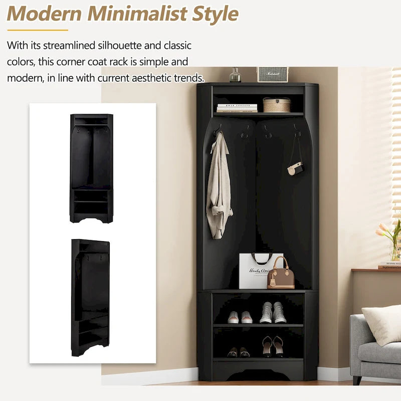 Porte-manteau d'angle avec banc à chaussures - Porte-manteau multifonctionnel pour entrée, doté de 4 crochets et d'une étagère réglable, 75 cm (L) x 182 cm (H)