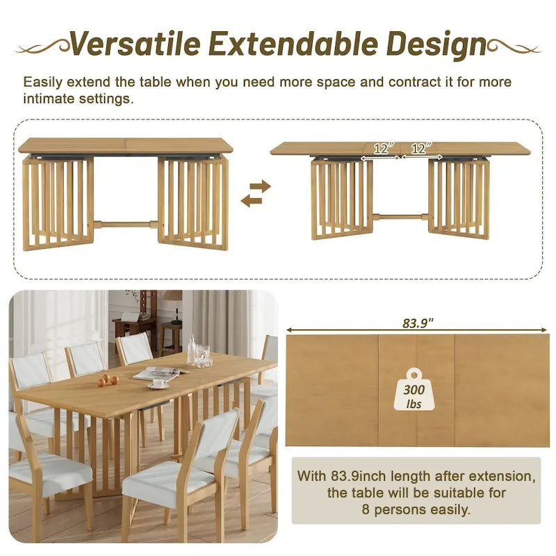 Ensemble de table à manger extensible 9 pièces de style campagnard avec rallonges amovibles