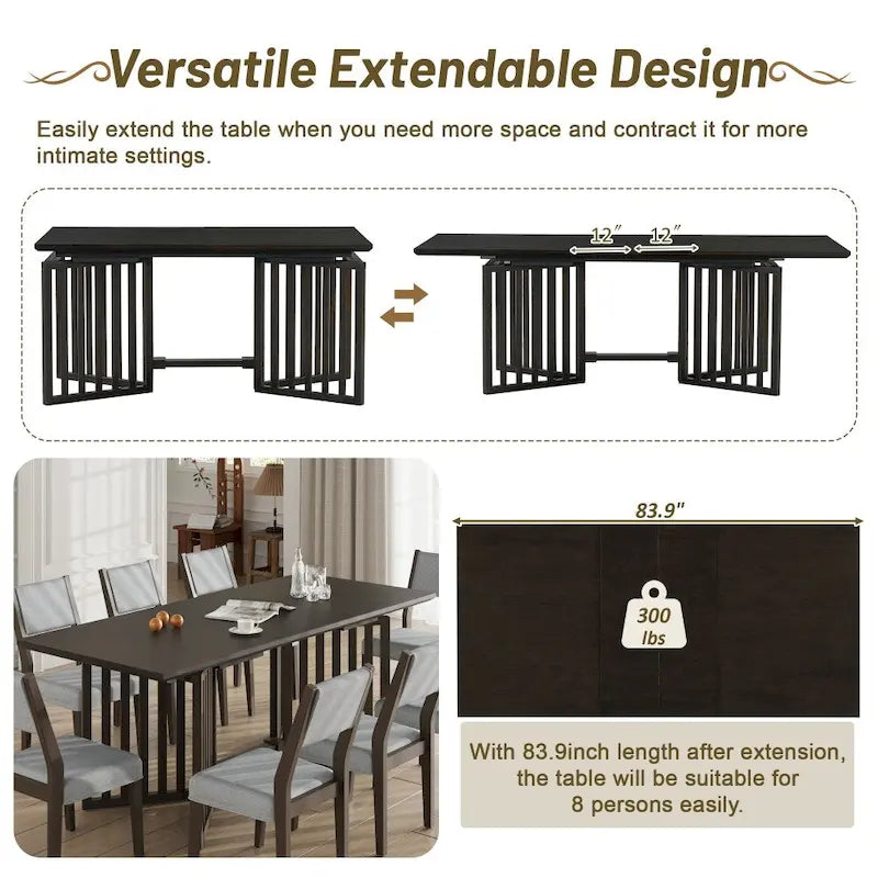 Ensemble de table à manger extensible 9 pièces de style campagnard avec rallonges amovibles