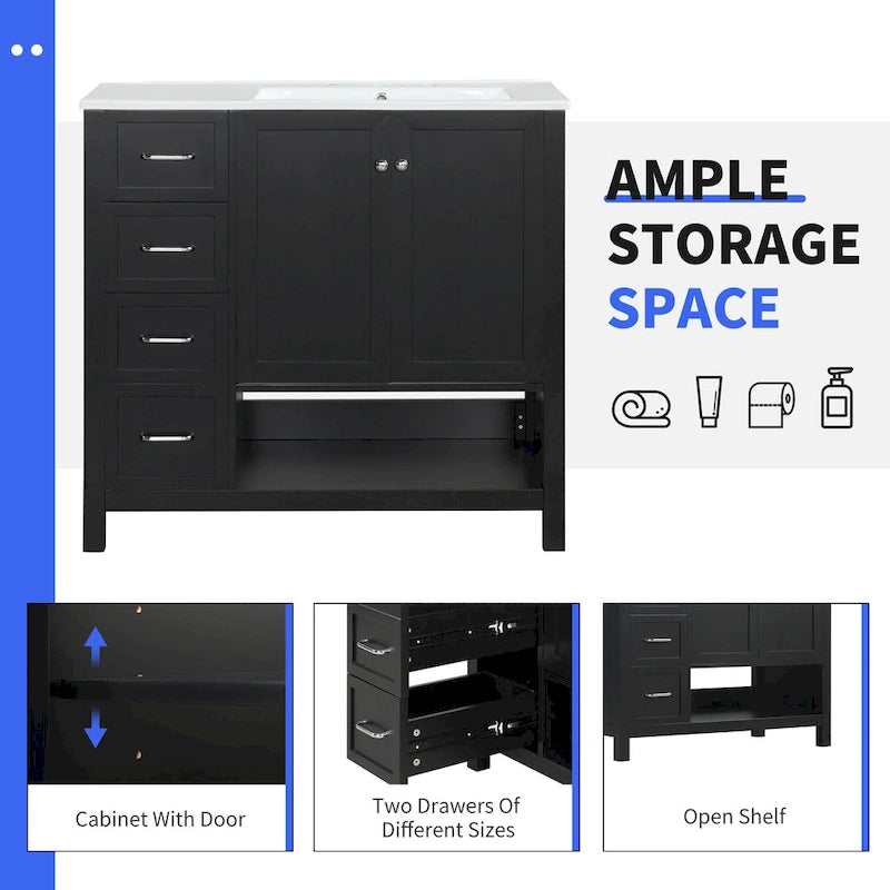 Meuble-lavabo moderne de 91 cm avec vasque, 2 placards, 2 poignées en métal et tiroirs coulissants, idéal pour une salle de bain ou un dressing.