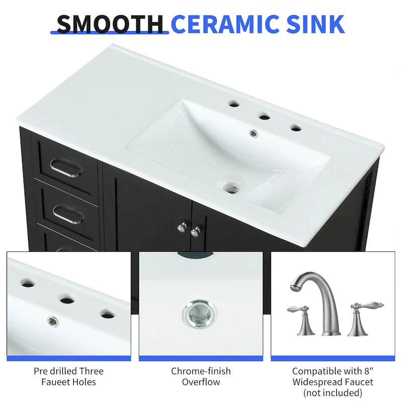 Meuble-lavabo moderne de 91 cm avec vasque, 2 placards, 2 poignées en métal et tiroirs coulissants, idéal pour une salle de bain ou un dressing.