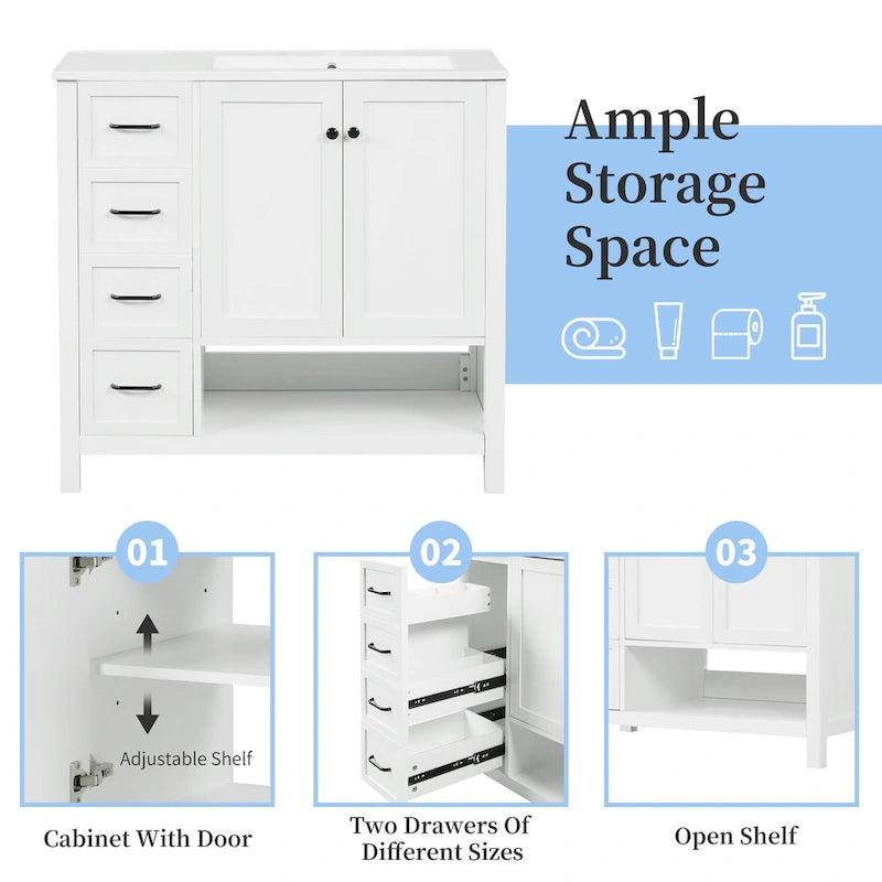 Meuble-lavabo moderne de 91 cm avec vasque, 2 placards, 2 poignées en métal et tiroirs coulissants, idéal pour une salle de bain ou un dressing.