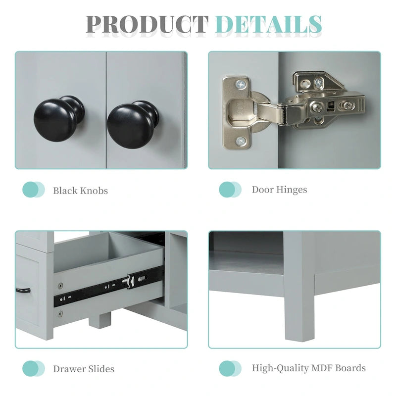 Meuble-lavabo moderne de 91 cm avec vasque, 2 placards, 2 poignées en métal et tiroirs coulissants, idéal pour une salle de bain ou un dressing.