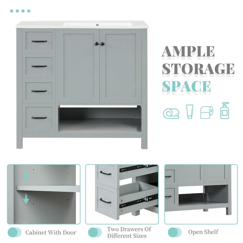 Meuble-lavabo moderne de 91 cm avec vasque, 2 placards, 2 poignées en métal et tiroirs coulissants, idéal pour une salle de bain ou un dressing.