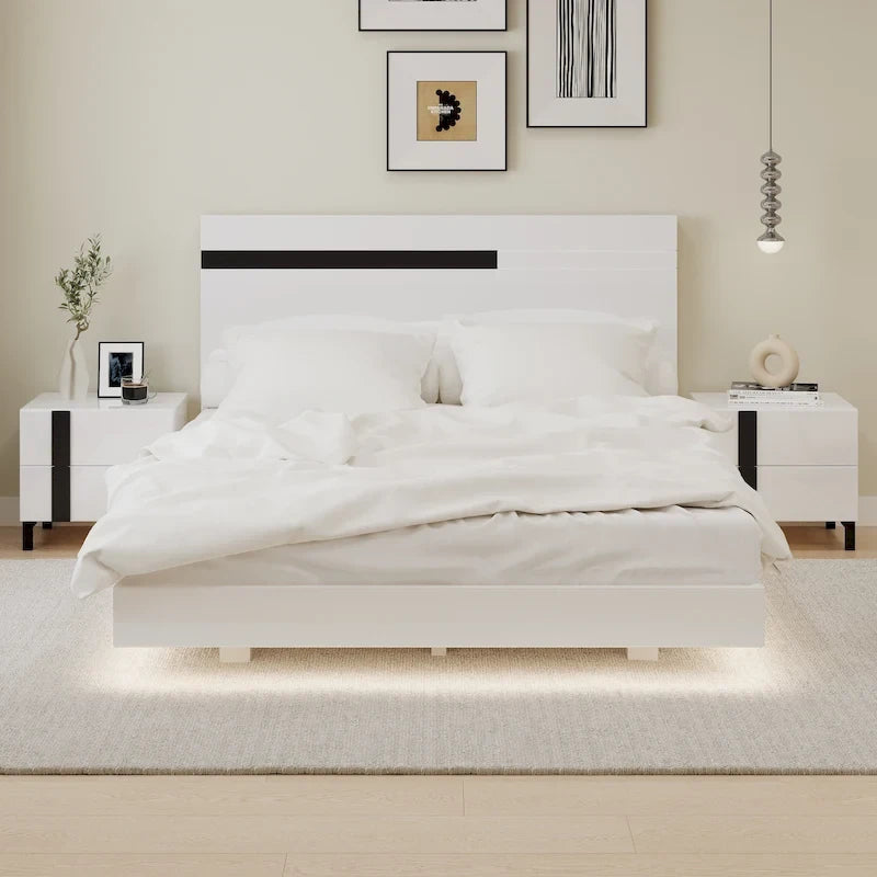 Ensemble de chambre moderne 3 pièces, lit plateforme queen, cadre de lit flottant avec lumière LED et 2 tables de chevet avec pieds en métal