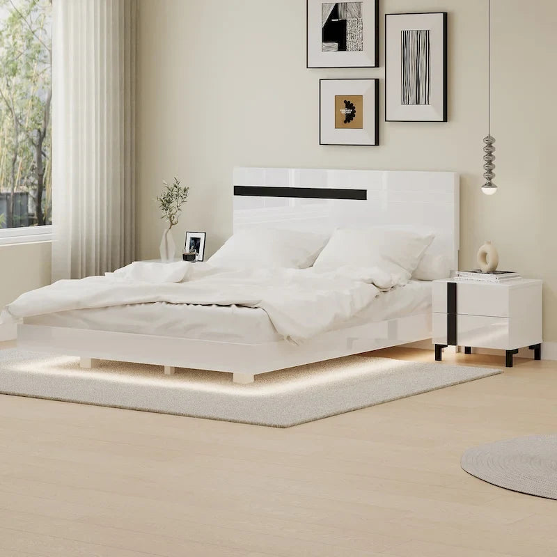 Ensemble de chambre moderne 3 pièces, lit plateforme queen, cadre de lit flottant avec lumière LED et 2 tables de chevet avec pieds en métal