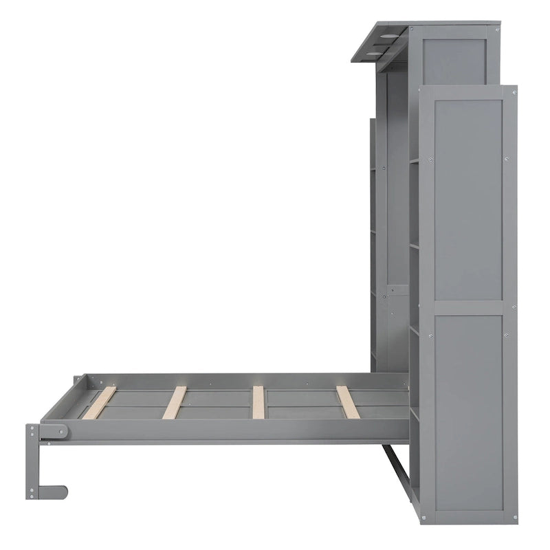 Lit escamotable mural pleine grandeur avec étagères et éclairage LED