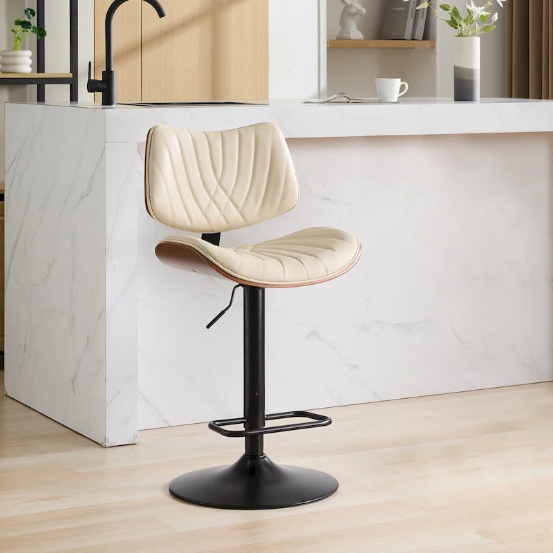 Ensemble moderne de 2 tabourets de bar pivotants avec dossier en cuir, assise rembourrée, base chromée et hauteur réglable, pour îlot de cuisine