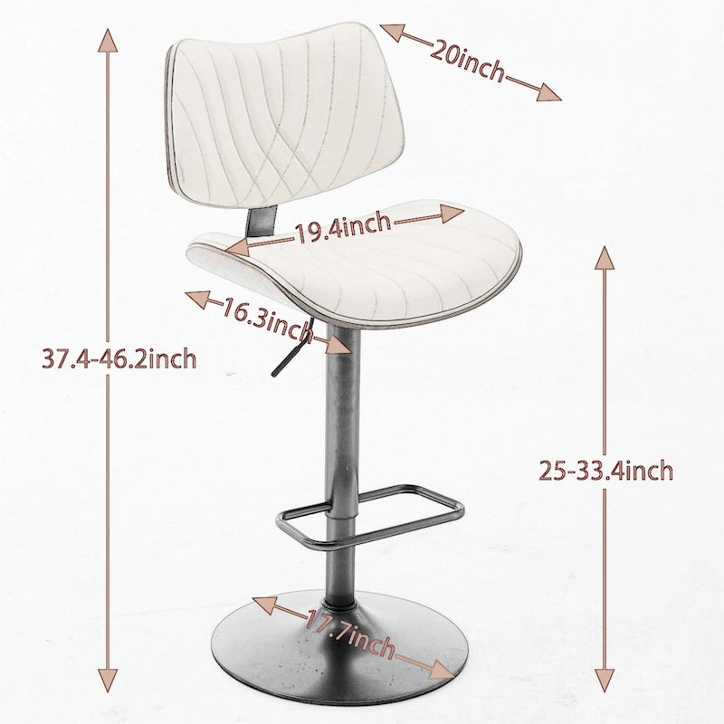 Ensemble moderne de 2 tabourets de bar pivotants avec dossier en cuir, assise rembourrée, base chromée et hauteur réglable, pour îlot de cuisine