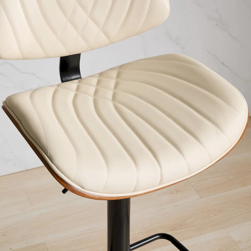 Ensemble moderne de 2 tabourets de bar pivotants avec dossier en cuir, assise rembourrée, base chromée et hauteur réglable, pour îlot de cuisine