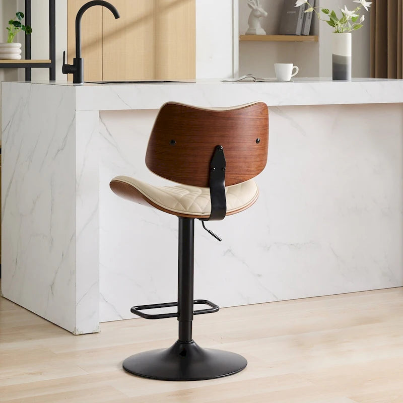 Ensemble moderne de 2 tabourets de bar pivotants avec dossier en cuir, assise rembourrée, base chromée et hauteur réglable, pour îlot de cuisine