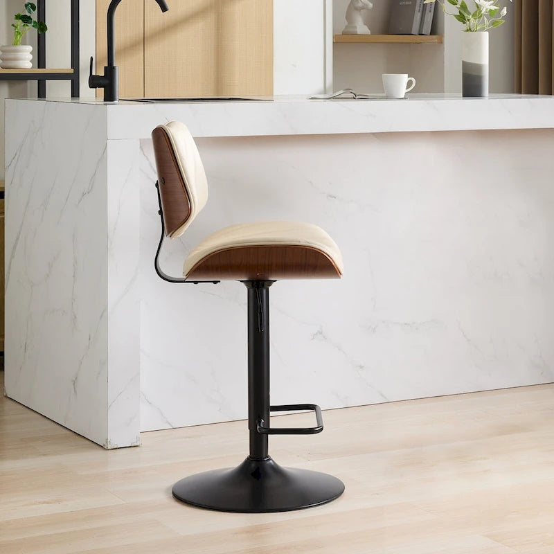 Ensemble moderne de 2 tabourets de bar pivotants avec dossier en cuir, assise rembourrée, base chromée et hauteur réglable, pour îlot de cuisine