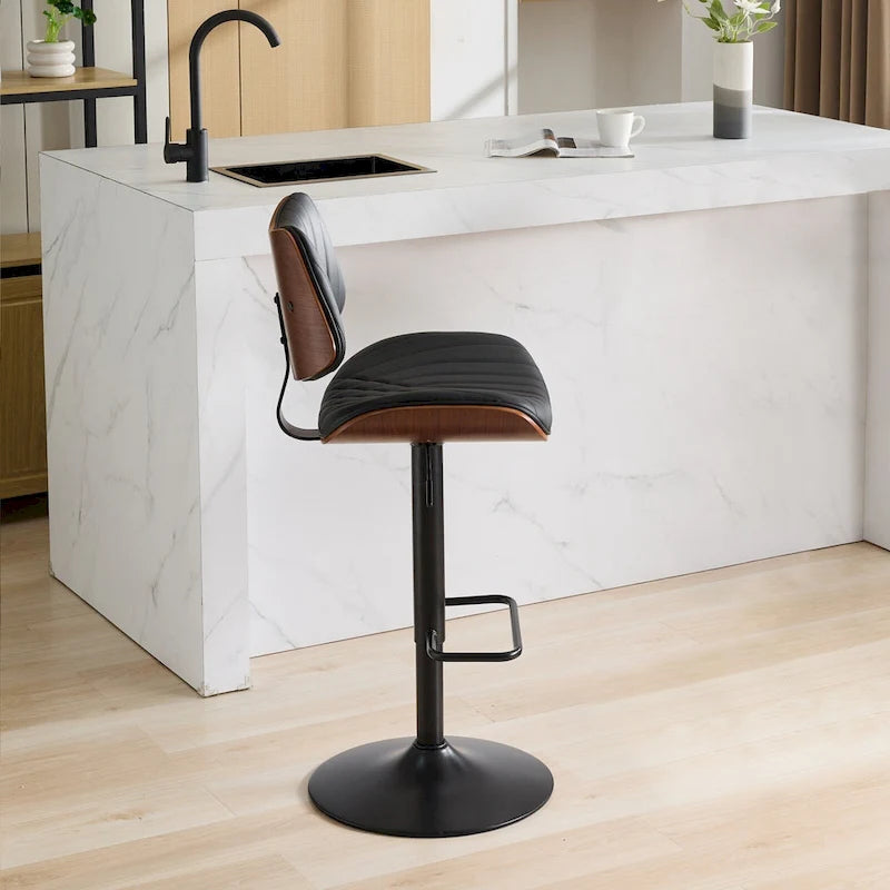 Ensemble moderne de 2 tabourets de bar pivotants avec dossier en cuir, assise rembourrée, base chromée et hauteur réglable, pour îlot de cuisine