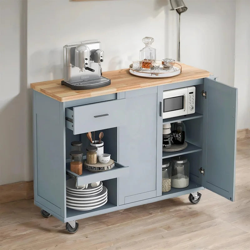 Îlot de cuisine roulant avec plan de travail pliable, porte-serviettes et tiroir