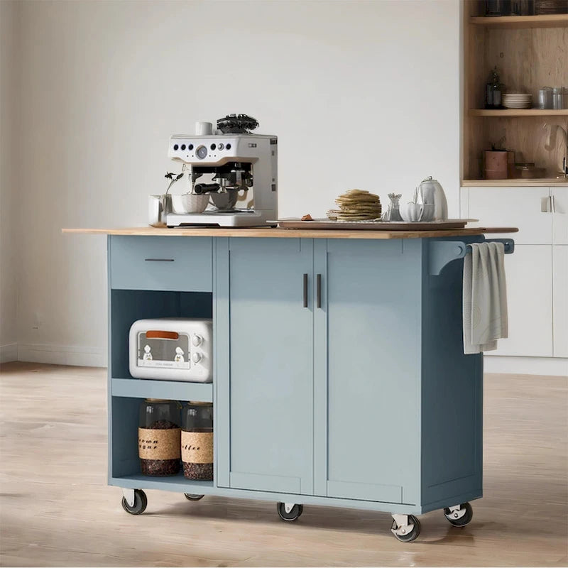 Îlot de cuisine roulant avec plan de travail pliable, porte-serviettes et tiroir