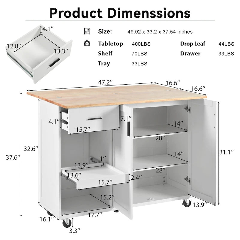 Îlot de cuisine roulant avec plan de travail pliable, porte-serviettes et tiroir