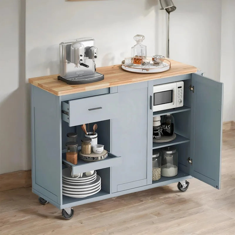 Îlot de cuisine roulant avec plan de travail pliable, porte-serviettes et tiroir