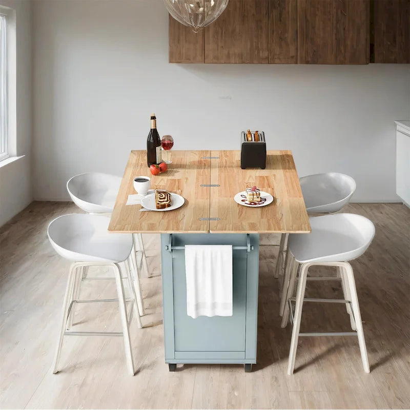 Îlot de cuisine roulant avec plan de travail pliable, porte-serviettes et tiroir