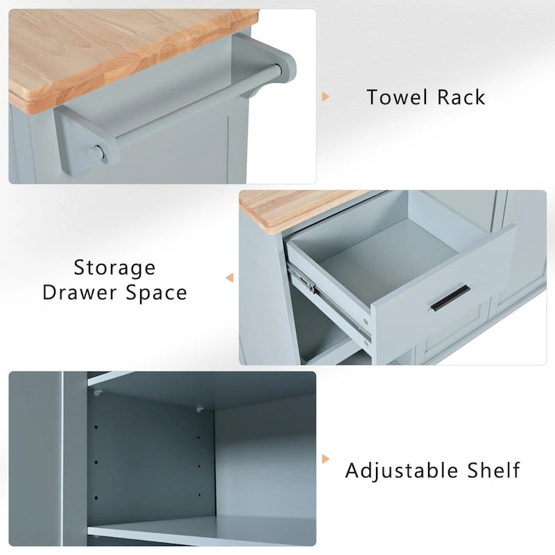 Îlot de cuisine roulant avec plan de travail pliable, porte-serviettes et tiroir