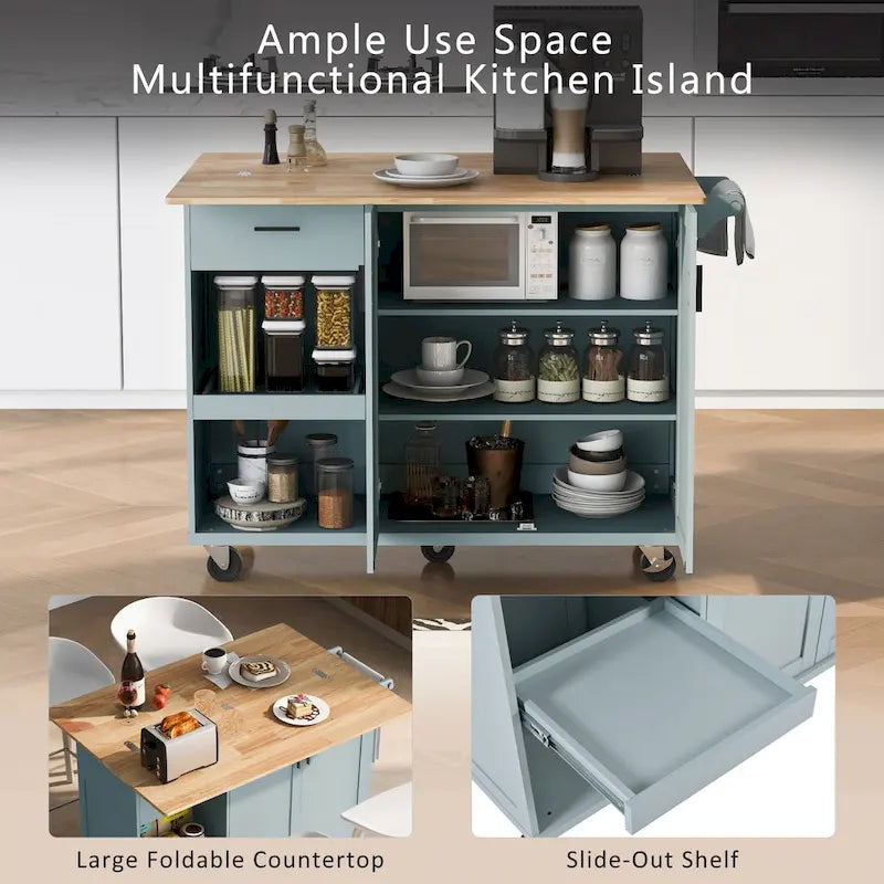 Îlot de cuisine roulant avec plan de travail pliable, porte-serviettes et tiroir