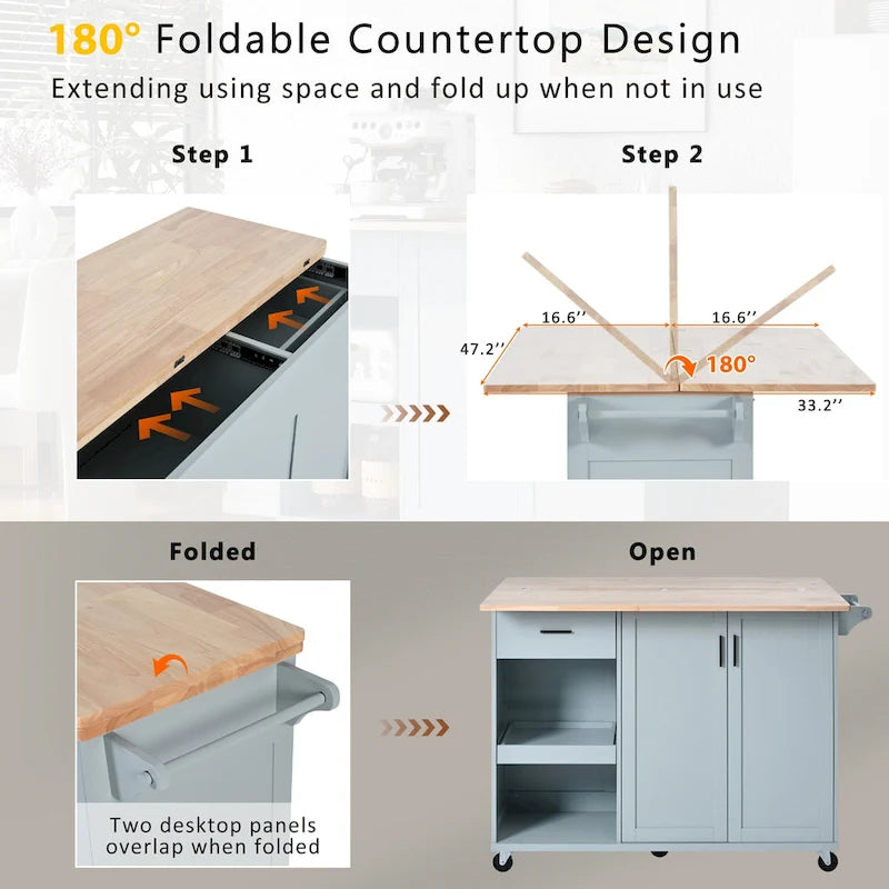 Îlot de cuisine roulant avec plan de travail pliable, porte-serviettes et tiroir