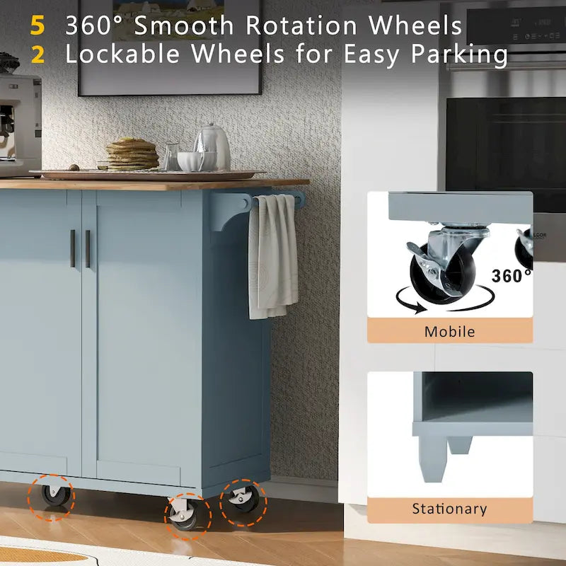 Îlot de cuisine roulant avec plan de travail pliable, porte-serviettes et tiroir