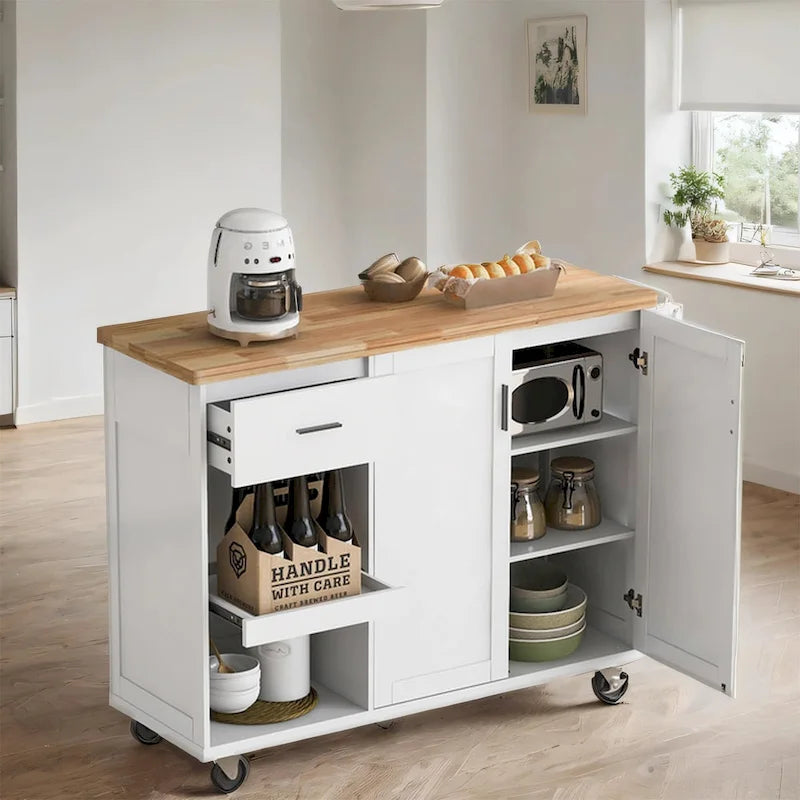 Îlot de cuisine roulant avec plan de travail pliable, porte-serviettes et tiroir