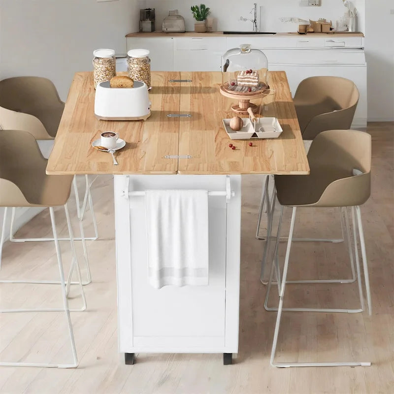 Îlot de cuisine roulant avec plan de travail pliable, porte-serviettes et tiroir