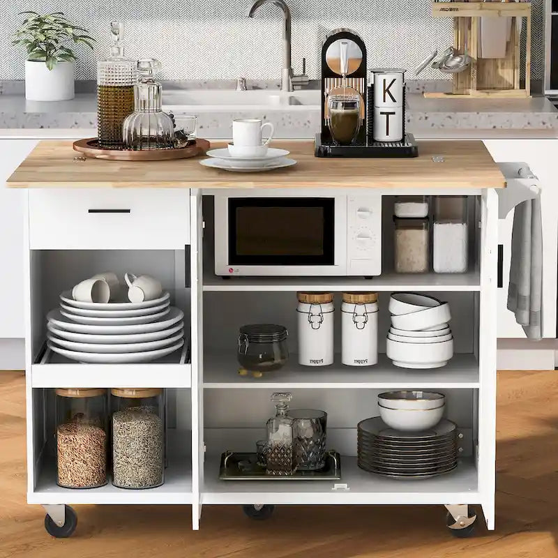 Îlot de cuisine roulant avec plan de travail pliable, porte-serviettes et tiroir