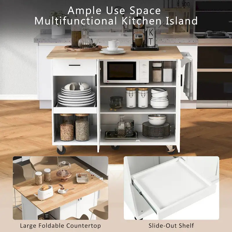 Îlot de cuisine roulant avec plan de travail pliable, porte-serviettes et tiroir