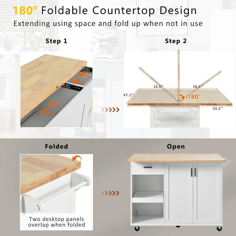 Îlot de cuisine roulant avec plan de travail pliable, porte-serviettes et tiroir