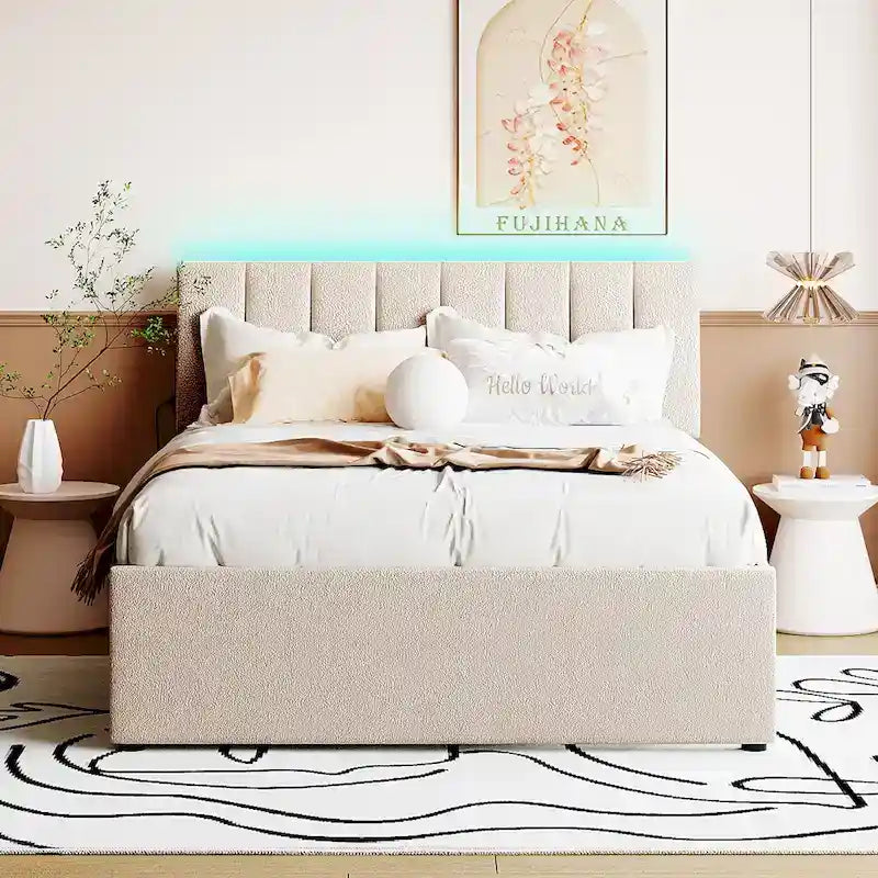 Lit plateforme double en polaire teddy avec lit gigogne, cadre de lit rembourré et tête de lit capitonnée, lit superposé, gain de place, montage facile