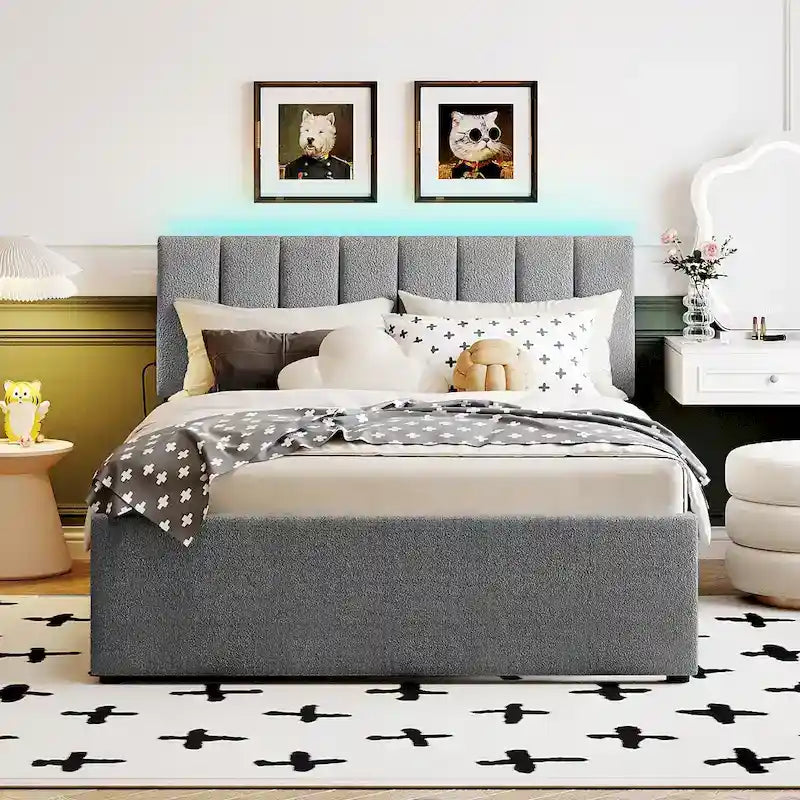 Lit plateforme double en polaire teddy avec lit gigogne, cadre de lit rembourré et tête de lit capitonnée, lit superposé, gain de place, montage facile