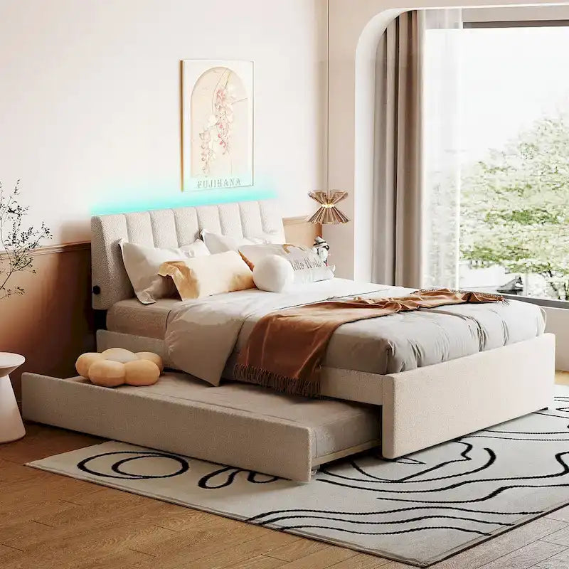 Lit plateforme double en polaire teddy avec lit gigogne, cadre de lit rembourré et tête de lit capitonnée, lit superposé, gain de place, montage facile