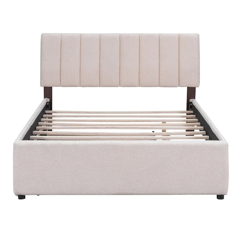 Lit plateforme double en polaire teddy avec lit gigogne, cadre de lit rembourré et tête de lit capitonnée, lit superposé, gain de place, montage facile