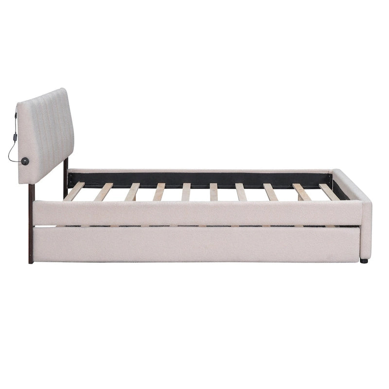 Lit plateforme double en polaire teddy avec lit gigogne, cadre de lit rembourré et tête de lit capitonnée, lit superposé, gain de place, montage facile