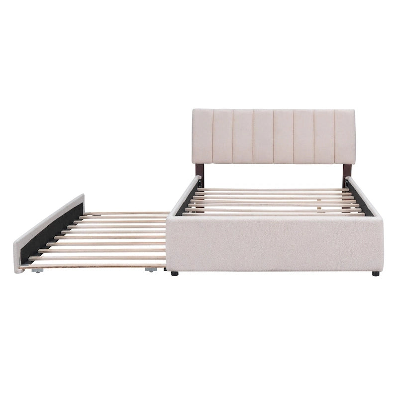 Lit plateforme double en polaire teddy avec lit gigogne, cadre de lit rembourré et tête de lit capitonnée, lit superposé, gain de place, montage facile