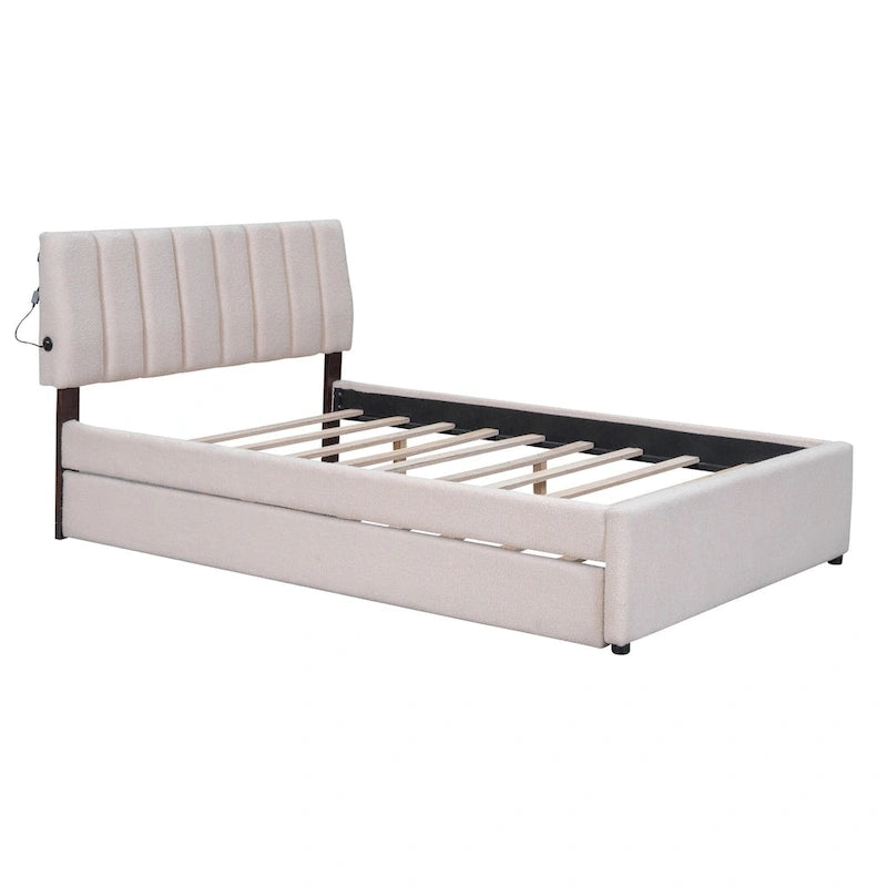 Lit plateforme double en polaire teddy avec lit gigogne, cadre de lit rembourré et tête de lit capitonnée, lit superposé, gain de place, montage facile