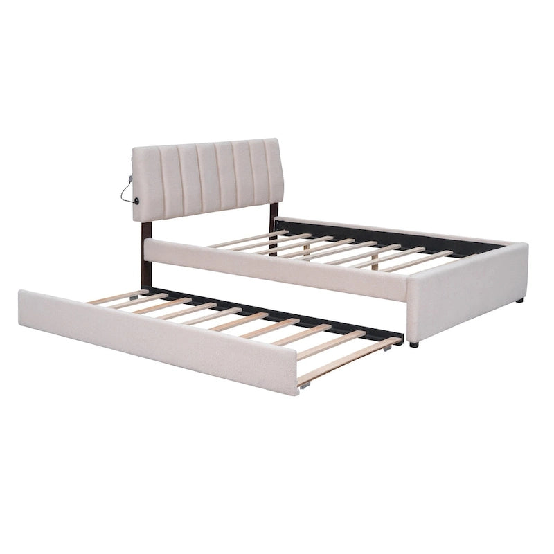 Lit plateforme double en polaire teddy avec lit gigogne, cadre de lit rembourré et tête de lit capitonnée, lit superposé, gain de place, montage facile