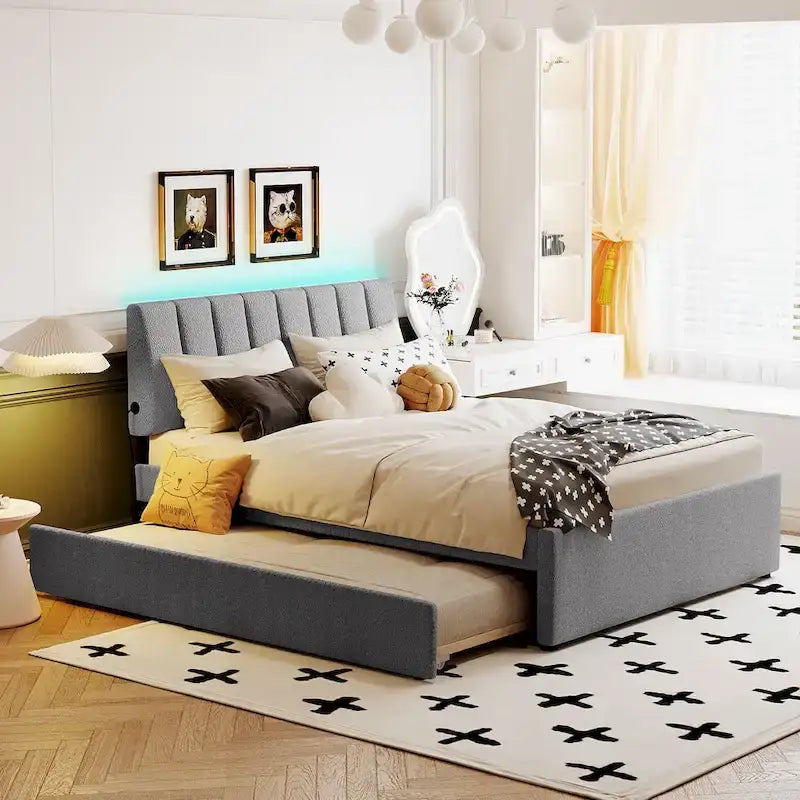 Lit plateforme double en polaire teddy avec lit gigogne, cadre de lit rembourré et tête de lit capitonnée, lit superposé, gain de place, montage facile