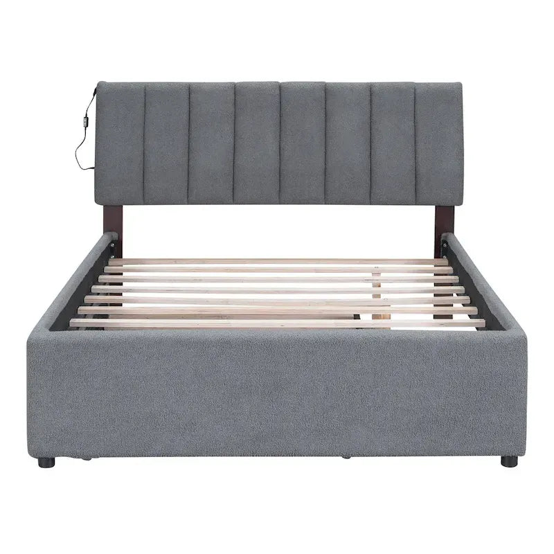 Lit plateforme double en polaire teddy avec lit gigogne, cadre de lit rembourré et tête de lit capitonnée, lit superposé, gain de place, montage facile