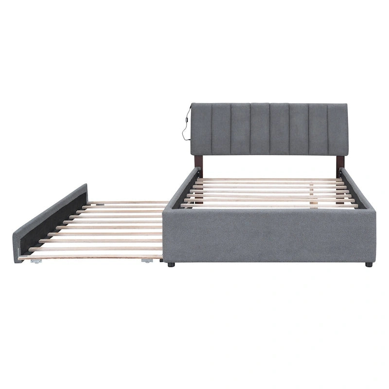 Lit plateforme double en polaire teddy avec lit gigogne, cadre de lit rembourré et tête de lit capitonnée, lit superposé, gain de place, montage facile
