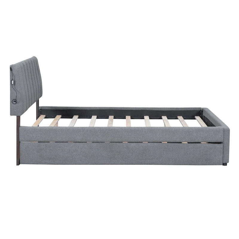 Lit plateforme double en polaire teddy avec lit gigogne, cadre de lit rembourré et tête de lit capitonnée, lit superposé, gain de place, montage facile