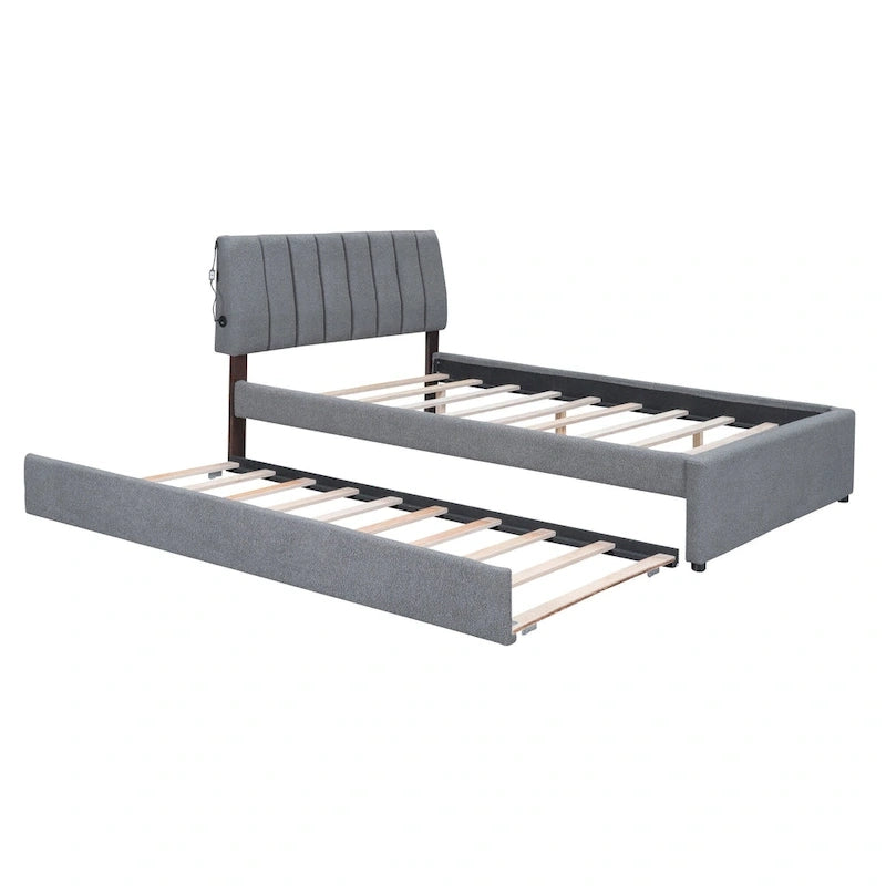 Lit plateforme double en polaire teddy avec lit gigogne, cadre de lit rembourré et tête de lit capitonnée, lit superposé, gain de place, montage facile