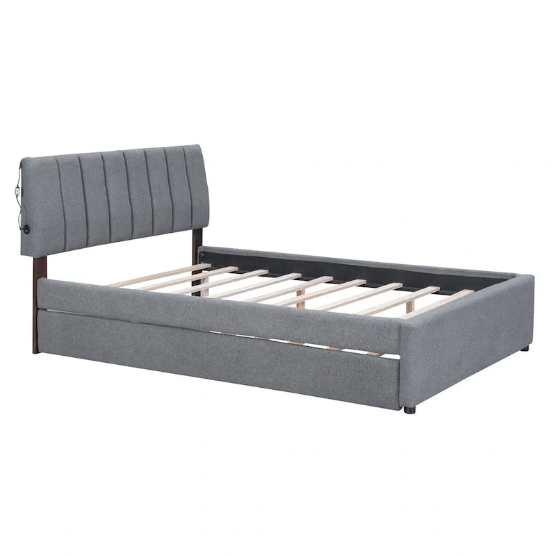 Lit plateforme double en polaire teddy avec lit gigogne, cadre de lit rembourré et tête de lit capitonnée, lit superposé, gain de place, montage facile