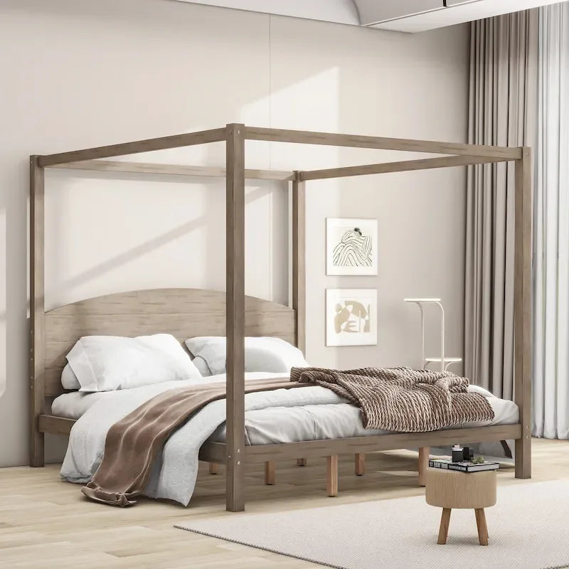 Lit plateforme à baldaquin en pin, format King, avec tête de lit classique en bois et cadre de lit rembourré ; sommier non requis, montage facile.