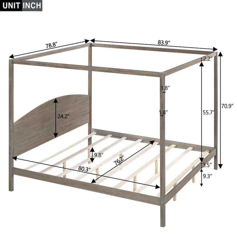 Lit plateforme à baldaquin en pin, format King, avec tête de lit classique en bois et cadre de lit rembourré ; sommier non requis, montage facile.