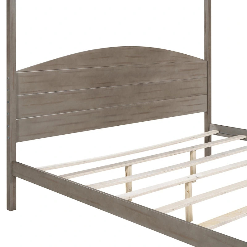 Lit plateforme à baldaquin en pin, format King, avec tête de lit classique en bois et cadre de lit rembourré ; sommier non requis, montage facile.